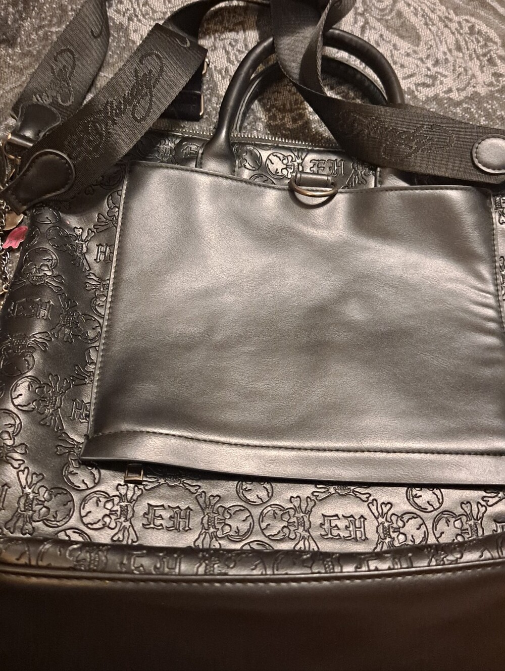 Ed Hardy Black Embossed Studded Faux Leather Satchel With Several Charms - Picture 5 of 6